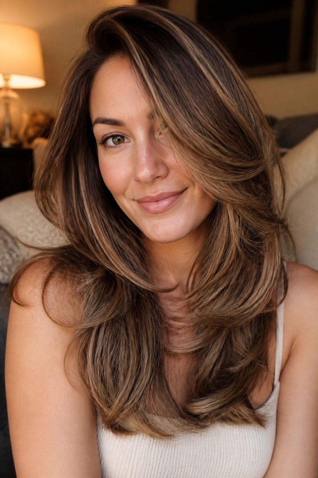 Real woman with deep side part and feathered ends framing her face