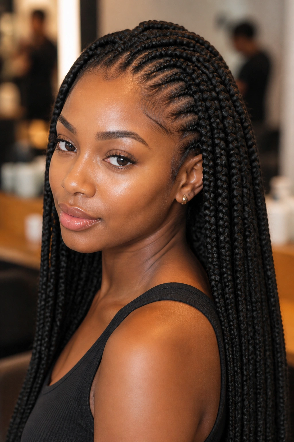 Close-up of a real woman with feed-in long box braids in a warm salon