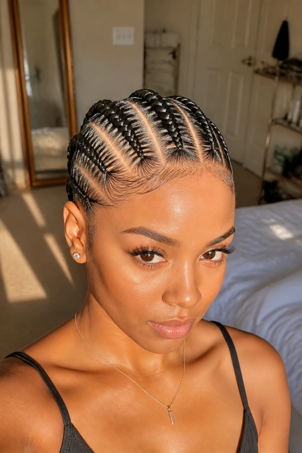 Close-up of real person with three feed-in braids across the hairline
