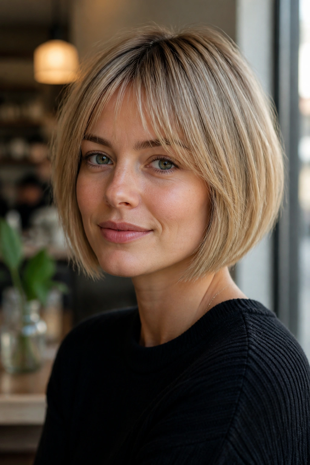 Close-up of a real person with a fine-hair bob and micro layers under soft cafe lighting