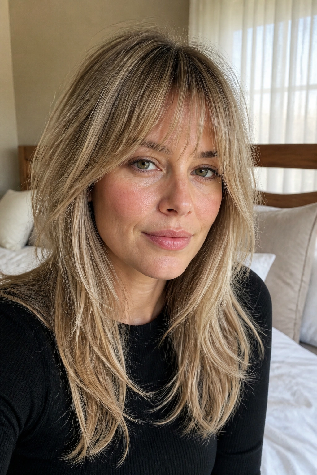 Close-up portrait of a real woman with fine hair and soft feathered bangs in a sunlit cozy bedroom