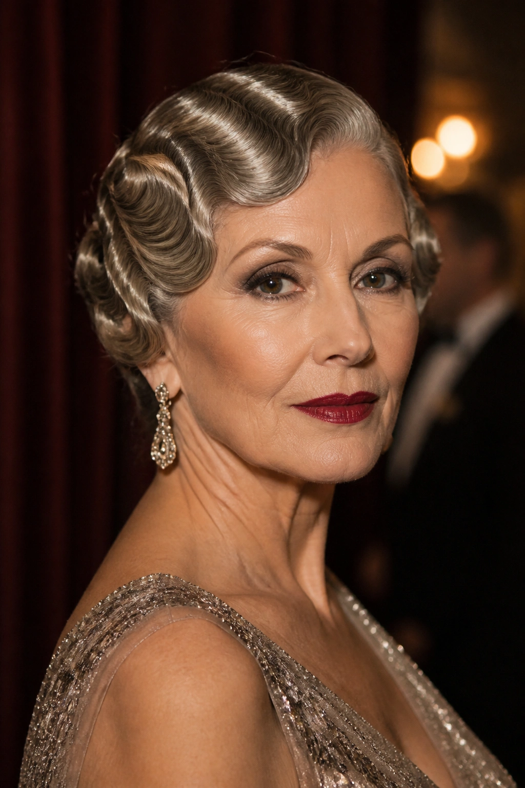 Close-up of a real woman with vintage defined finger waves hairstyle.
