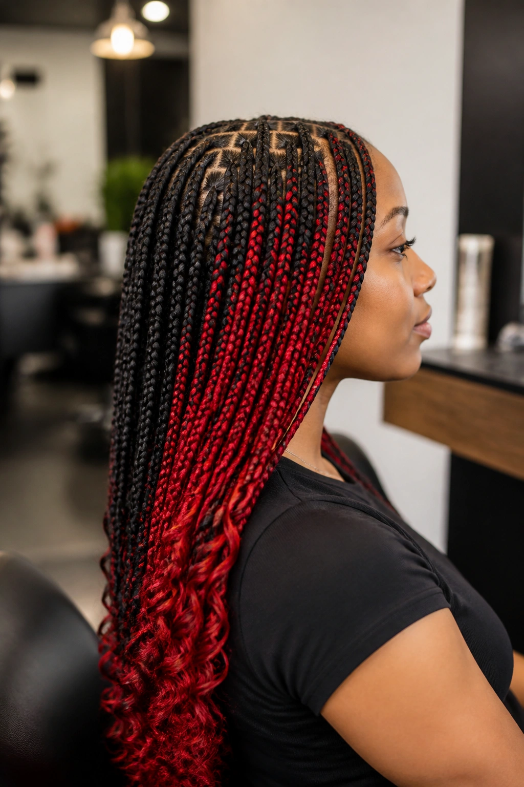 Profile view of a real person showing red mid-head layers in braids