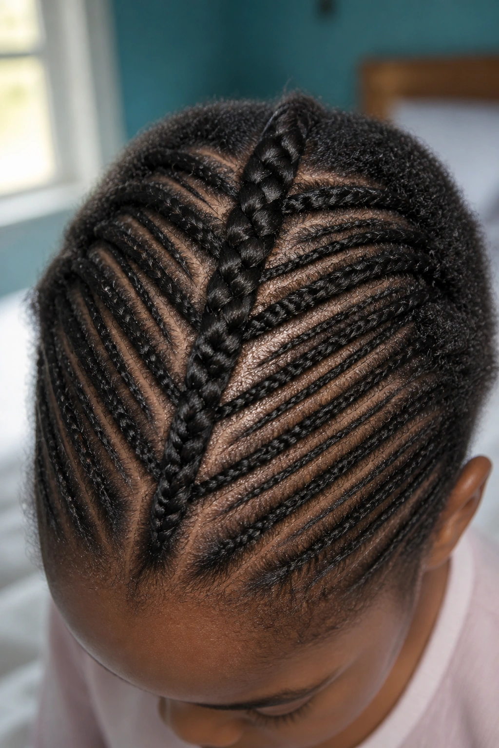 Close-up of fishbone cornrows pattern on a real child's scalp