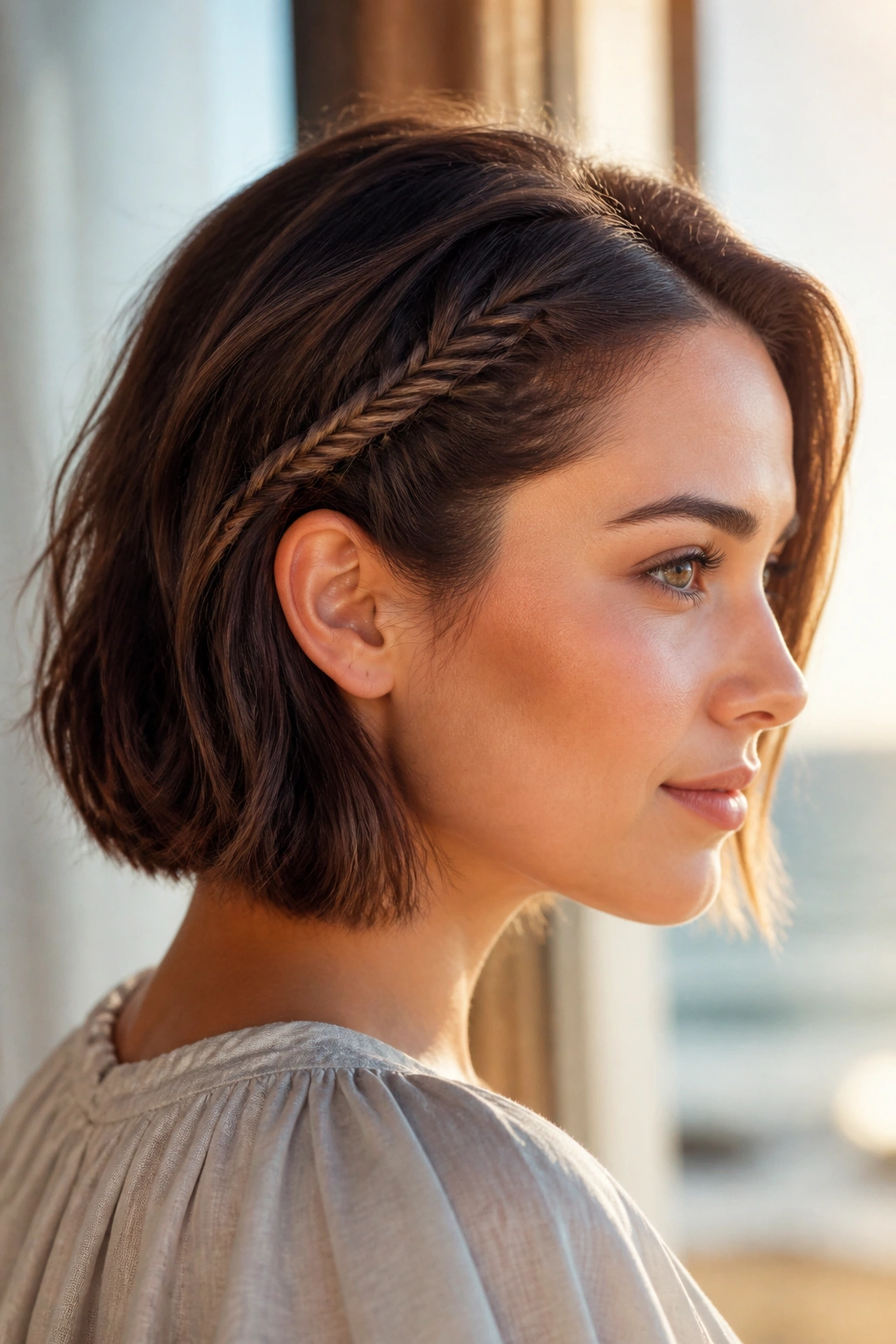 Close-up of fishtail accent braid at temple on chin-length bob