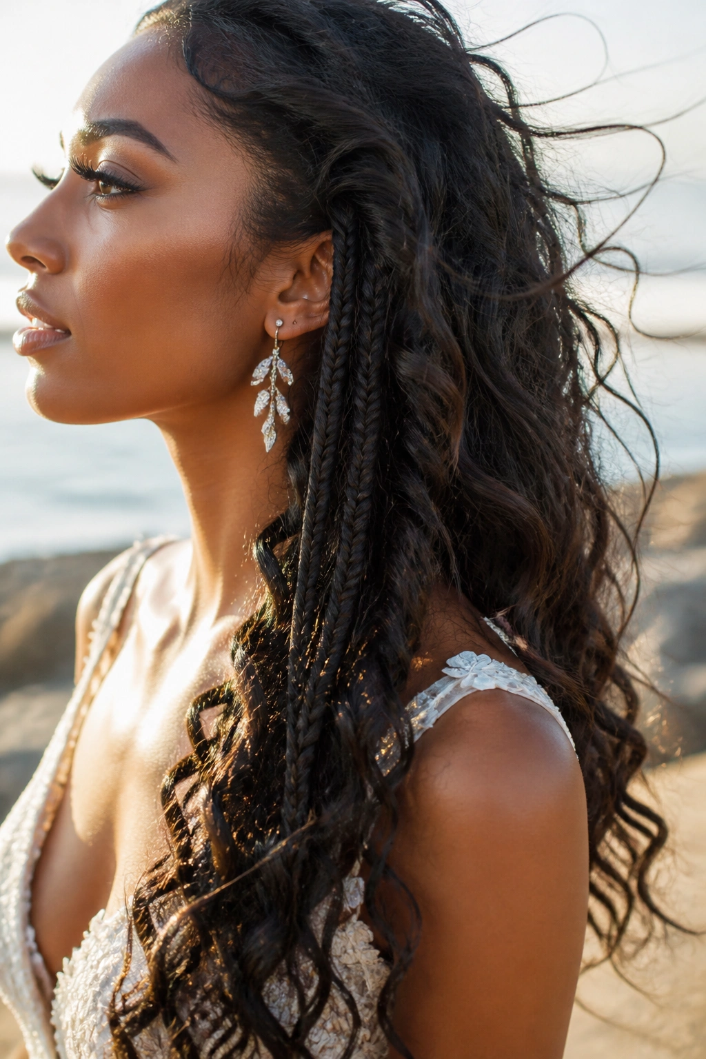 Side-profile of wand curls with micro fishtail accents