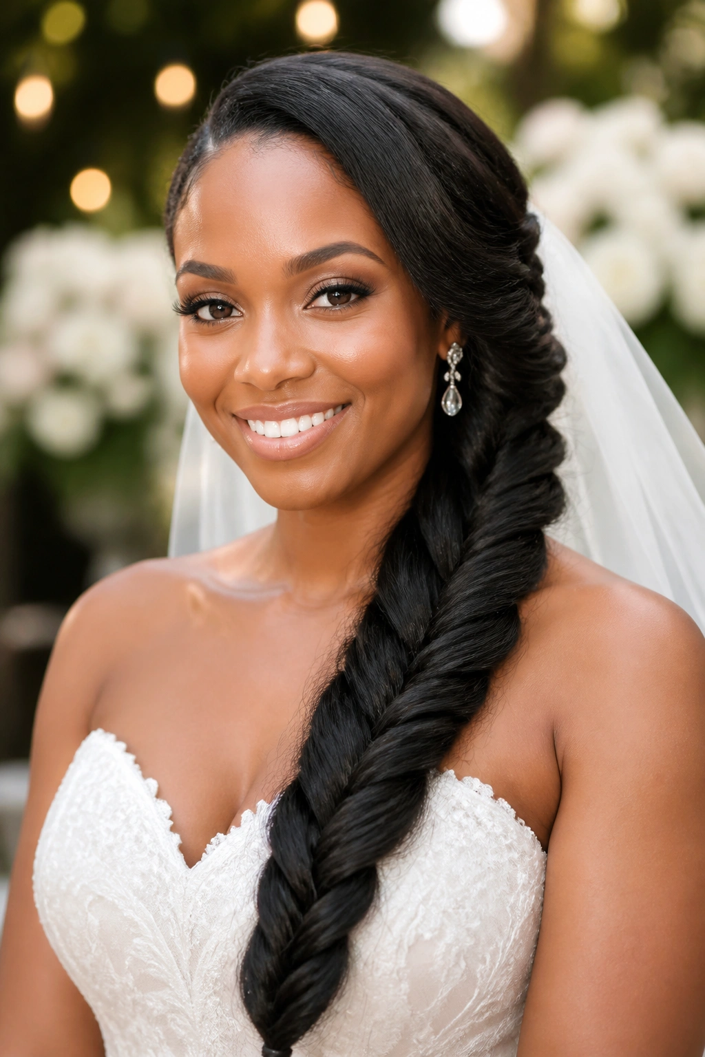 Close-up of a bride with a thick side-swept fishtail braid over her shoulder in warm outdoor light