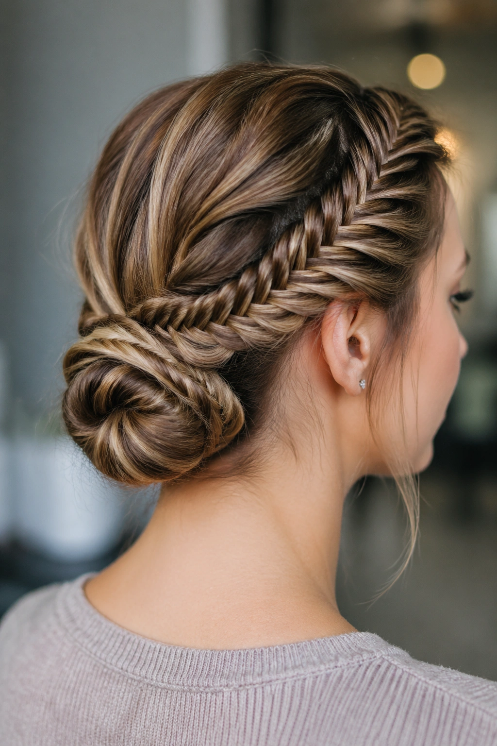 Real woman with fishtail braided bun at the nape.