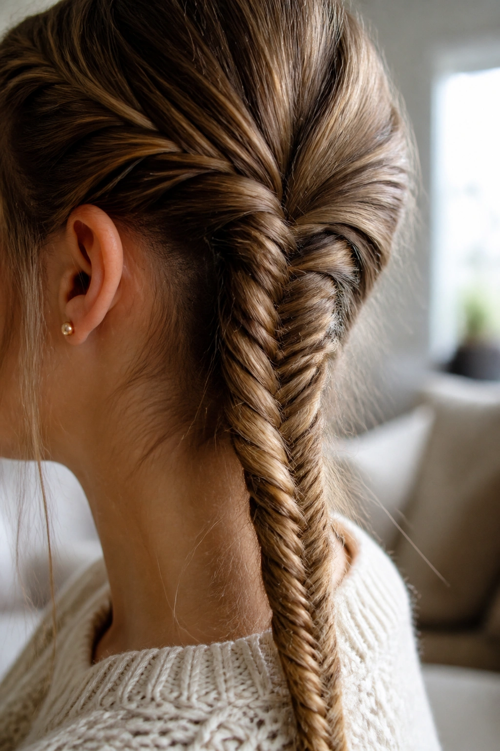 Close-up of a real woman with a fishtail braid