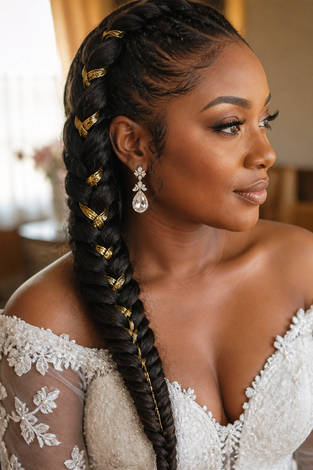 Close-up of a real bride's tapered fishtail with gold thread hairstyle