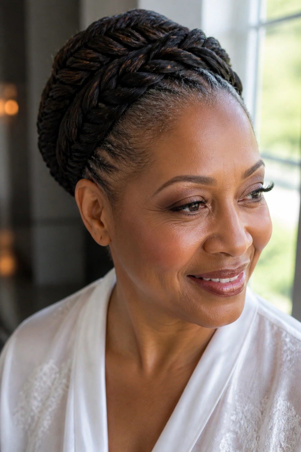 Close-up of a real woman with two fishtail braids forming an updo
