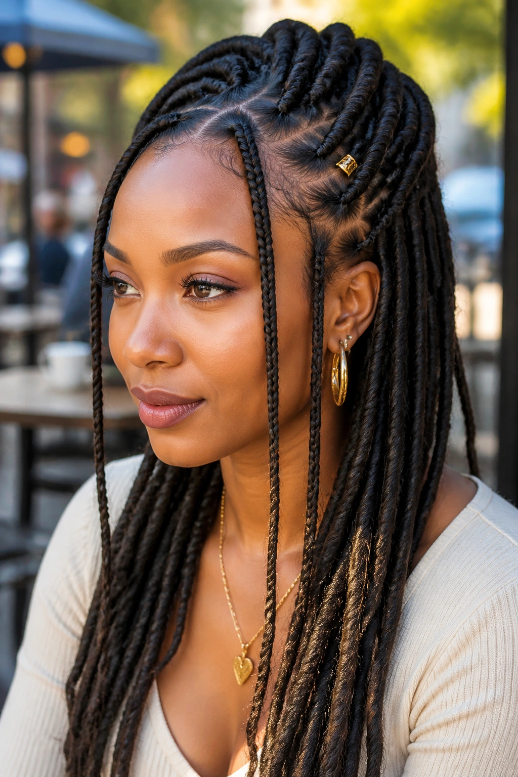Front-facing close-up of fishtail accent braids on locs