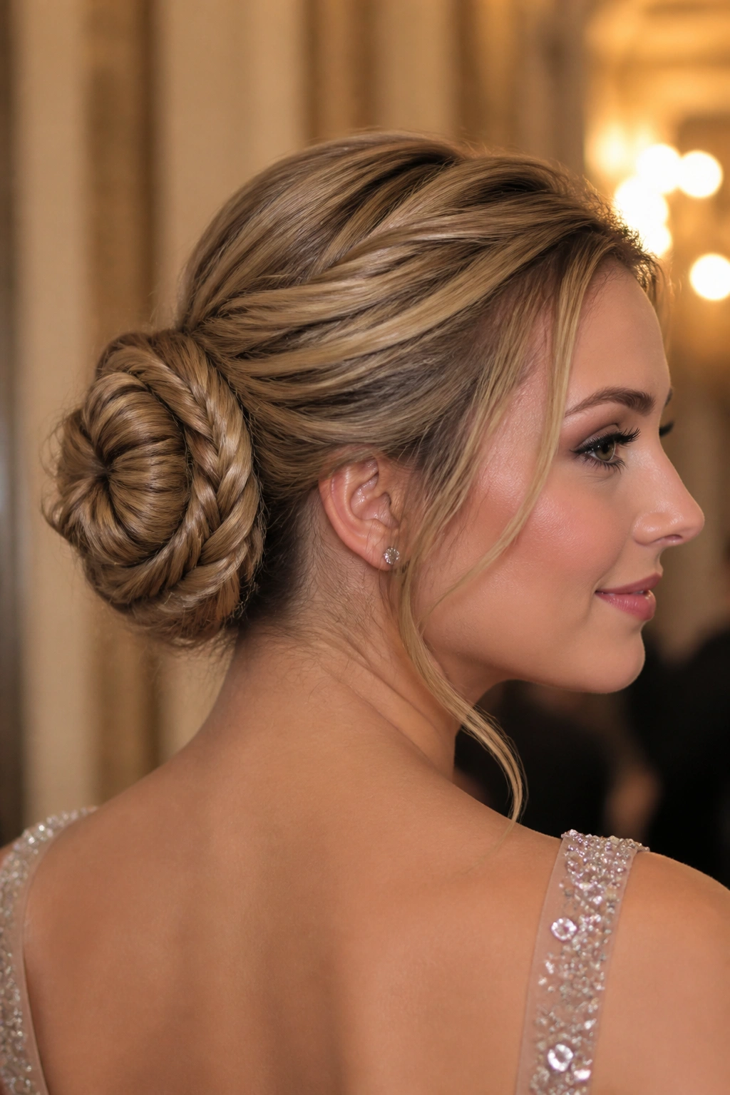 Real woman with a fishtail braid coil bun at the back of the head, profile view.