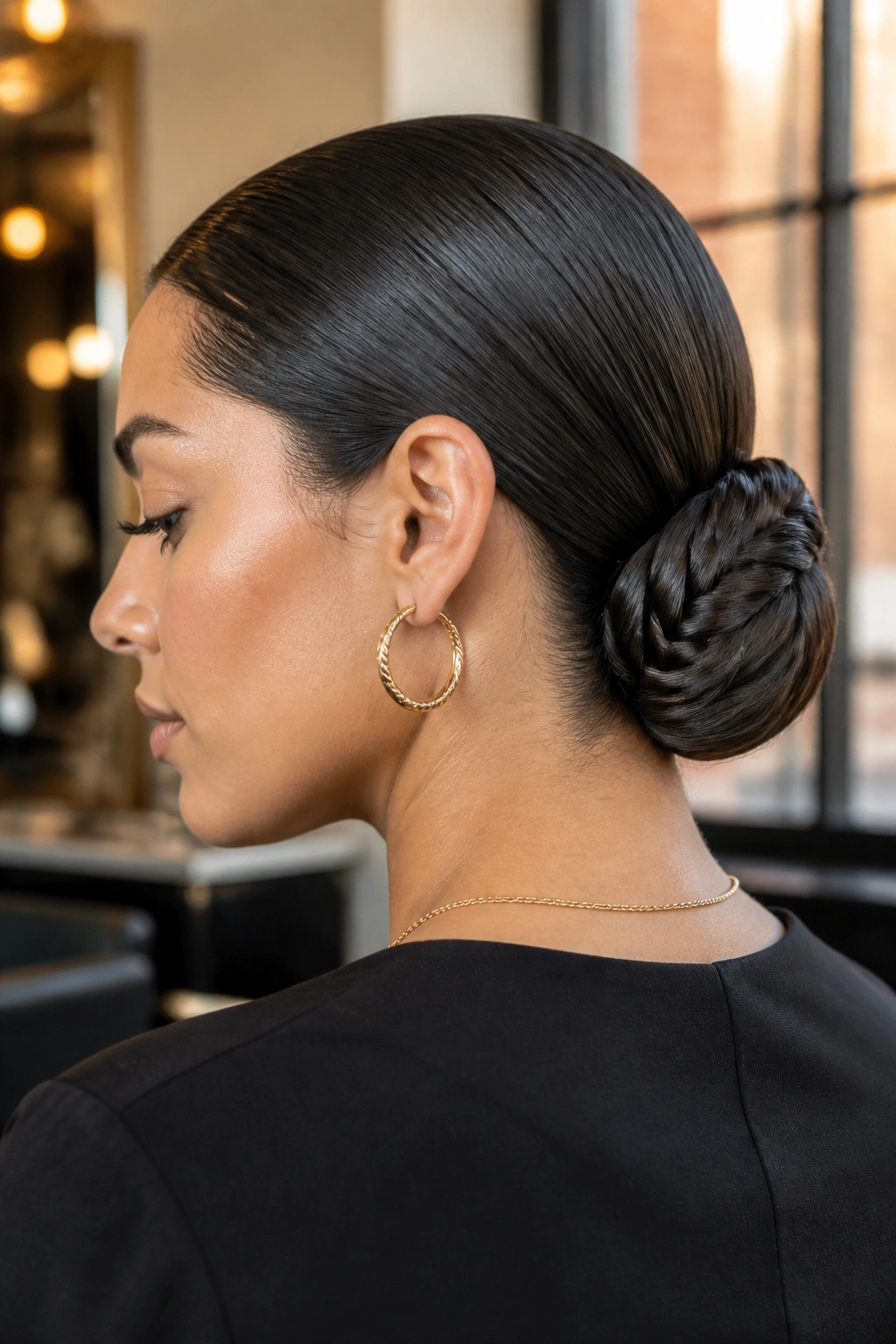 Close-up of a real woman with a glossy slicked-back fishtail bun at the nape