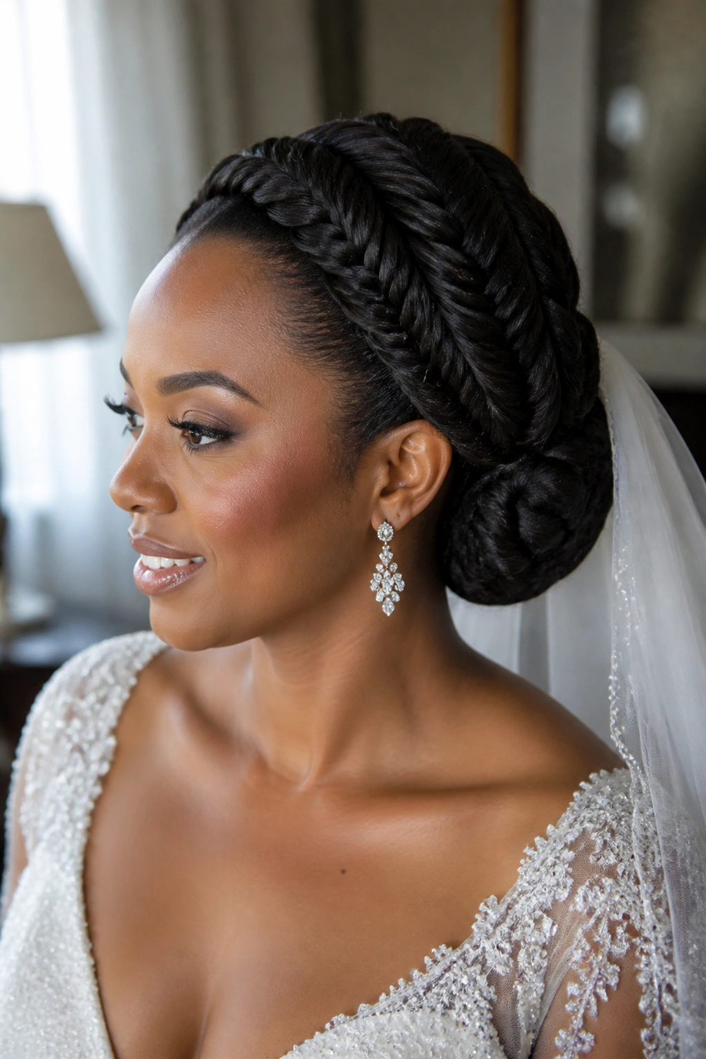 Close-up back view of a real bride showing a large fishtail braided chignon