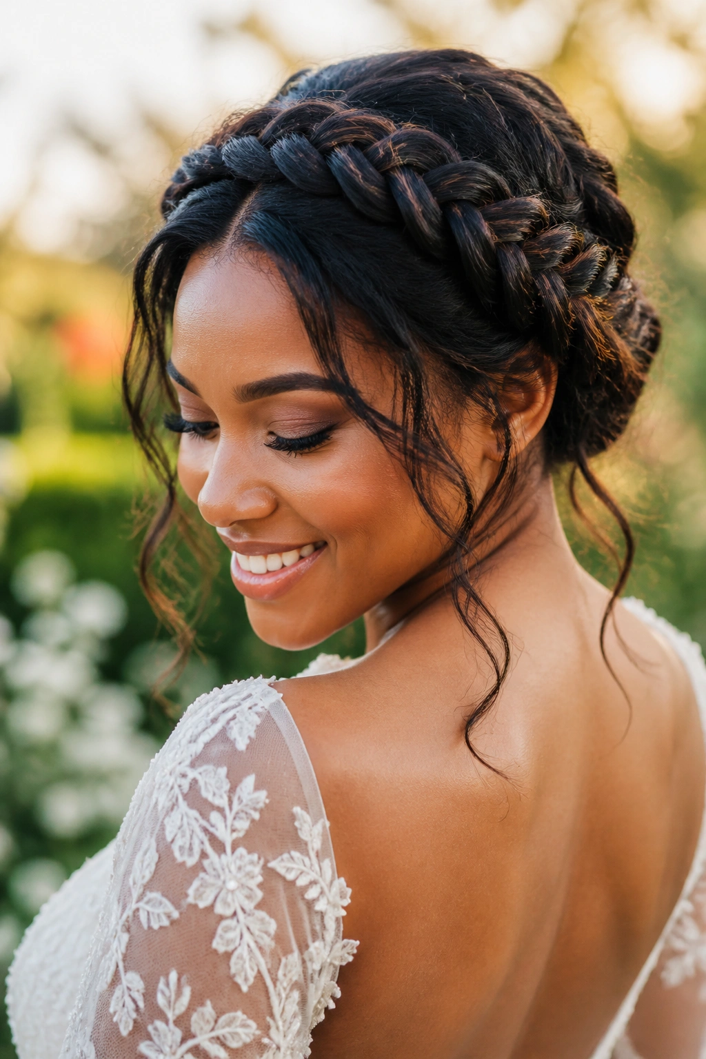 Bride with fishtail crown and loose tendrils in garden setting