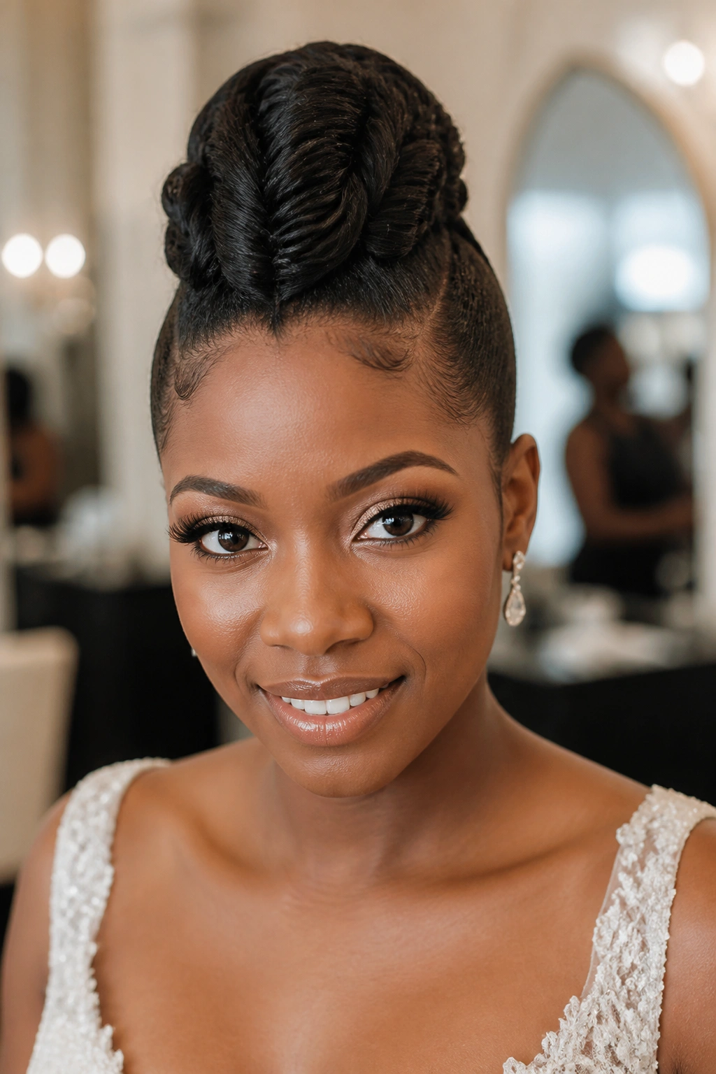 Bride with braided fishtail faux-hawk updo