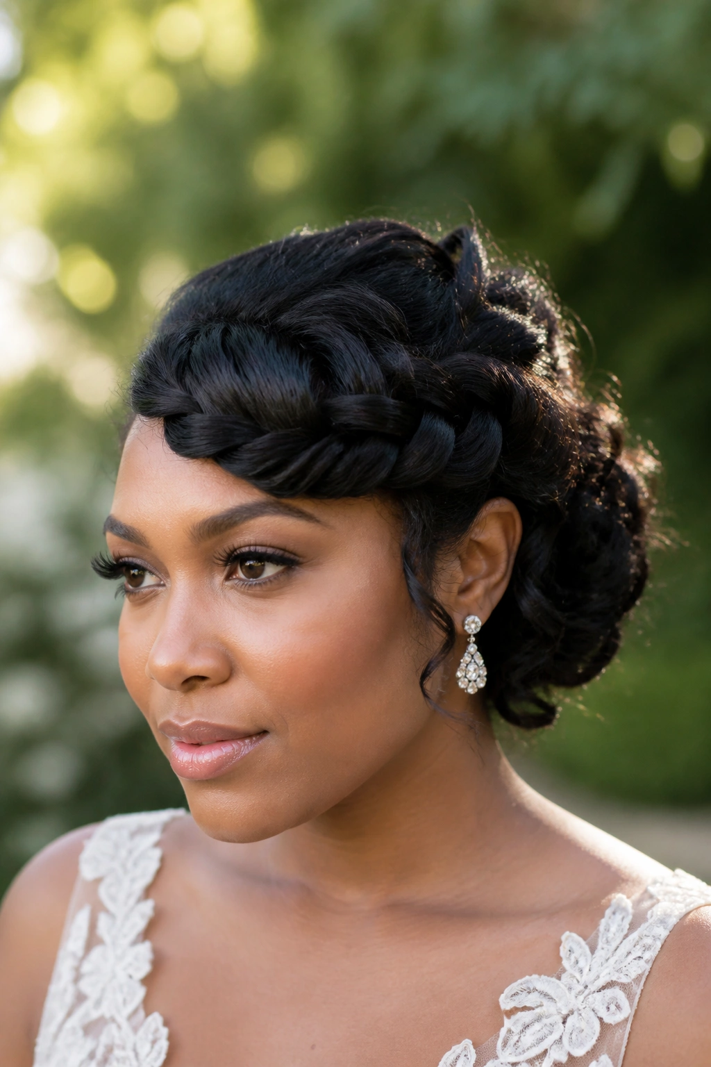 Bride with fishtail fringe braid across forehead