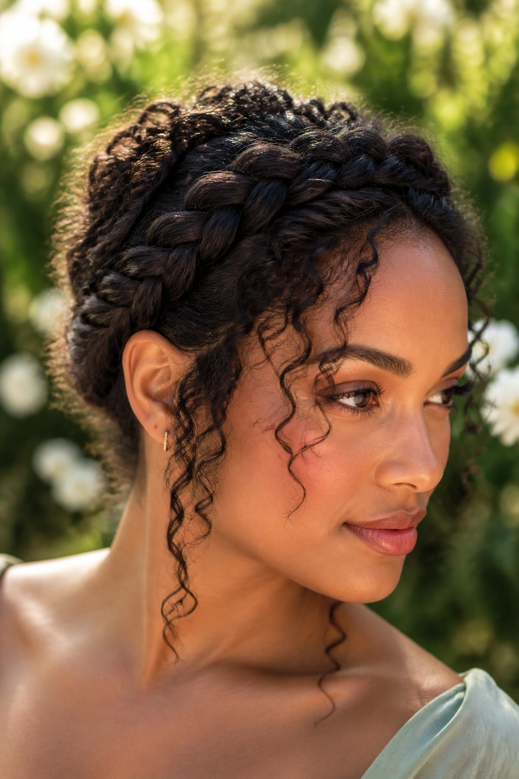 Close-up of a real woman with a fishtail halo and face-framing curls outdoors