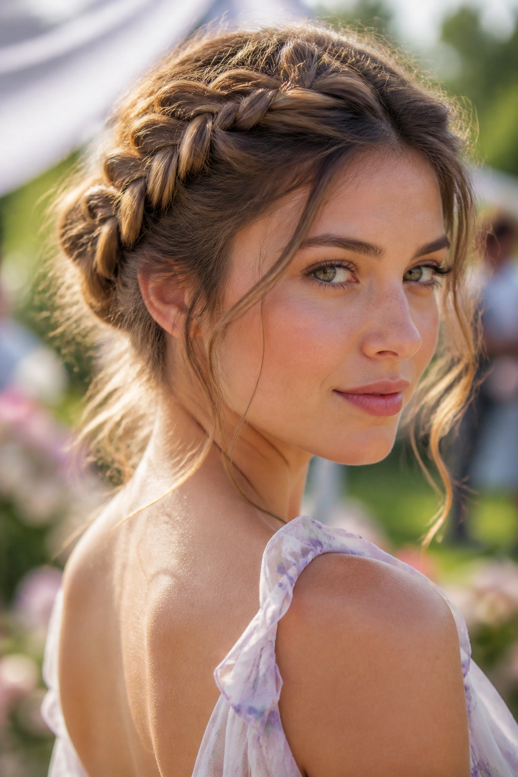 Close-up of a real woman with a deconstructed fishtail halo outdoors at golden hour