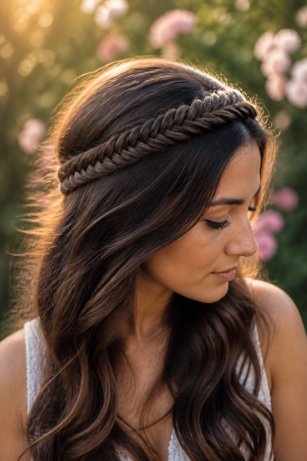 Close-up of a real woman wearing a wrapped fishtail headband across the crown