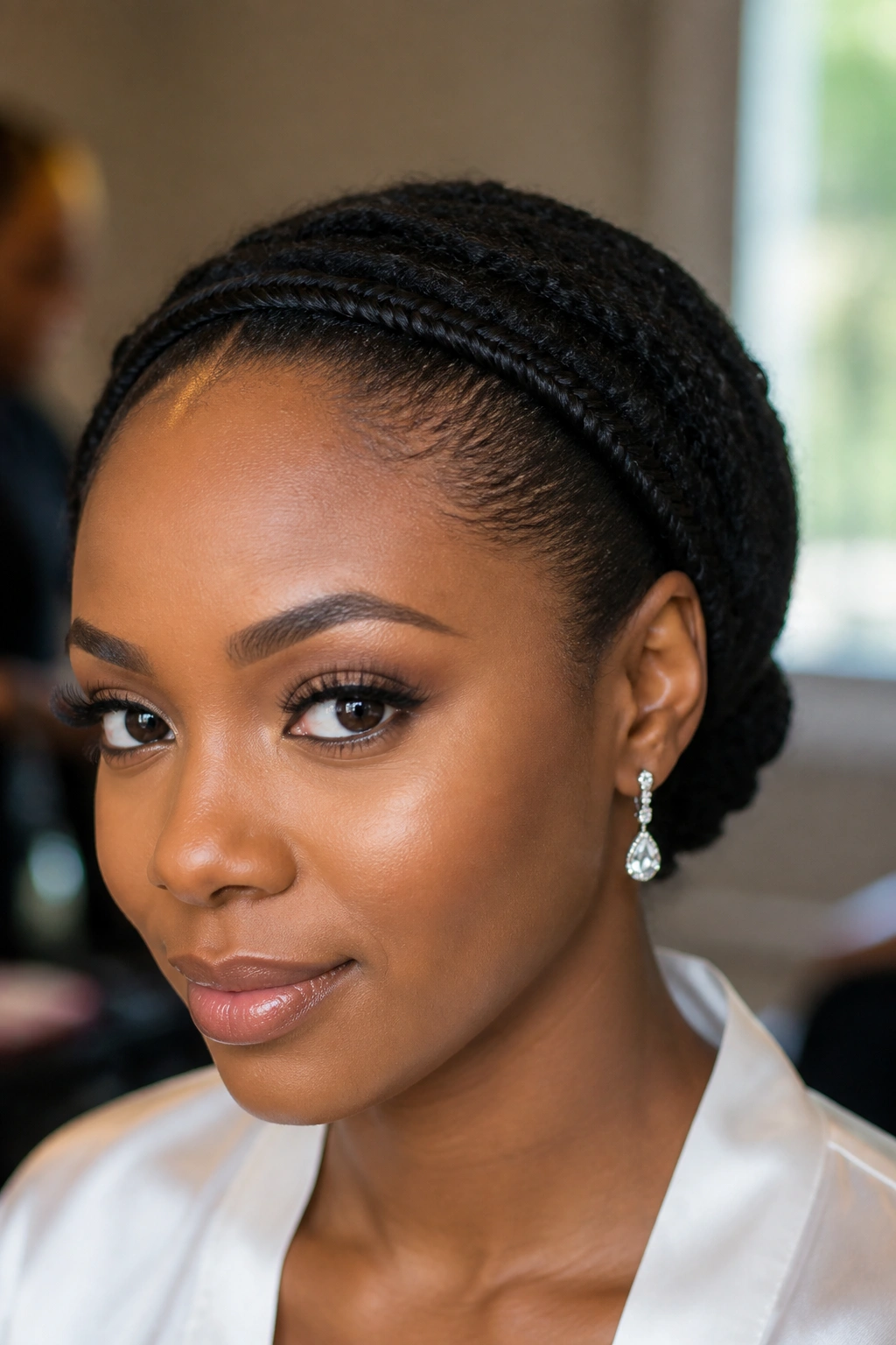Close-up of a wrapped fishtail headband along the hairline on a real person