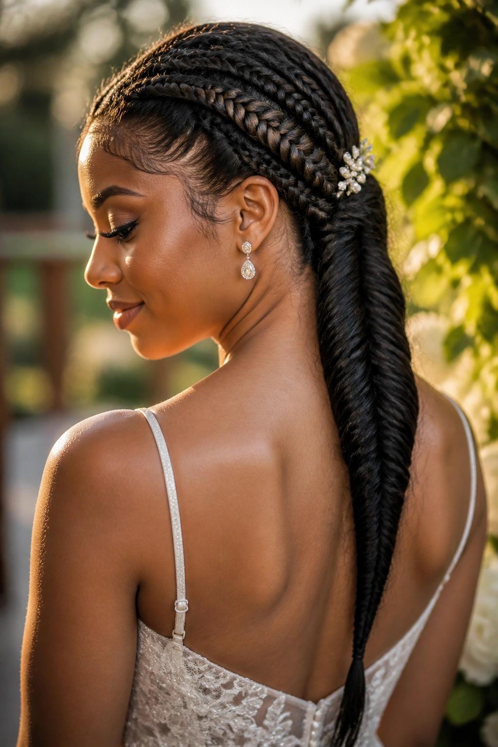 Bride with two side fishtails merging into a larger fishtail