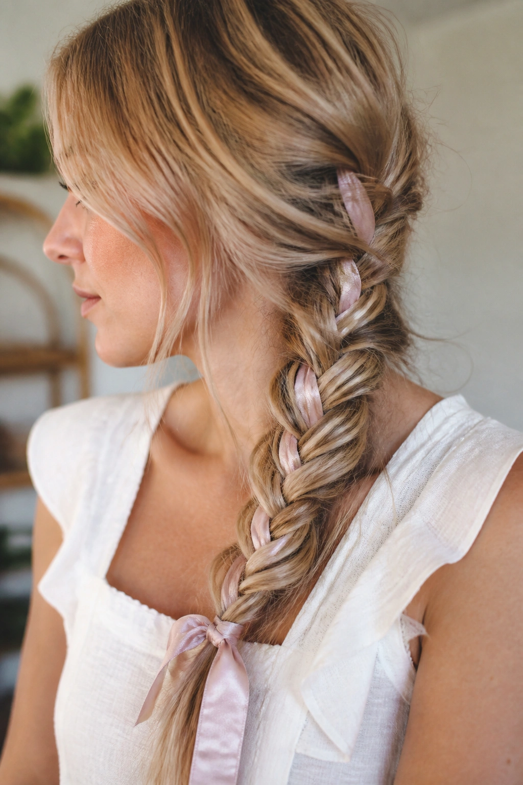 Close-up of a fishtail braid woven with a ribbon on a real person.