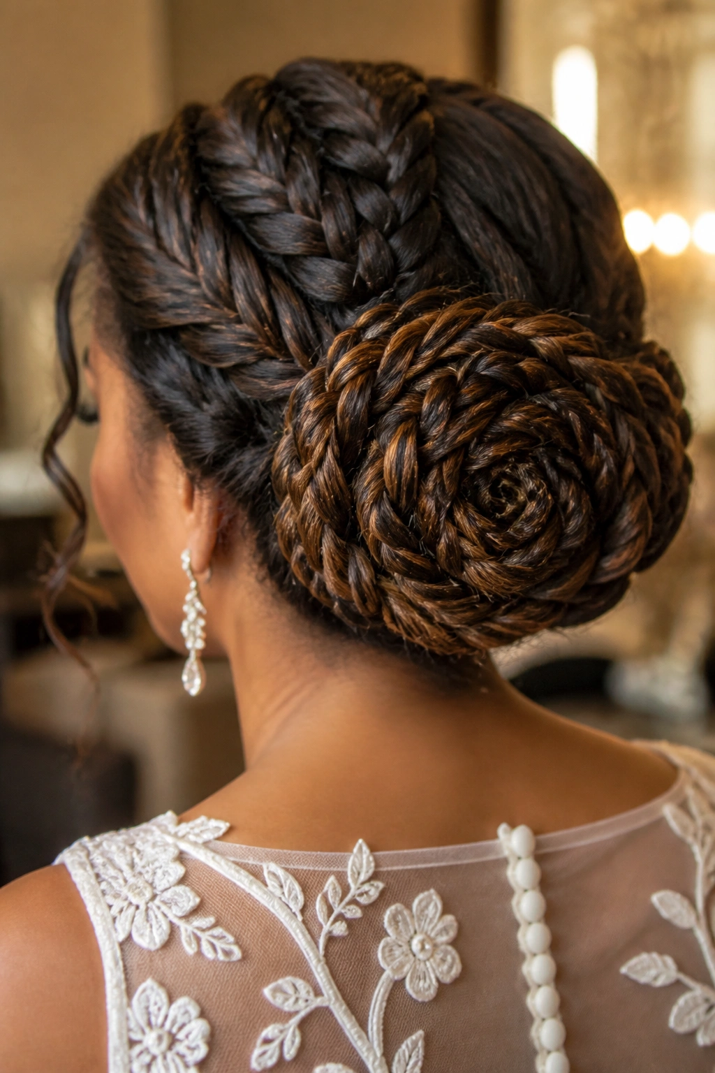 Rear view of bride with an intricate fishtail rose bun at the nape
