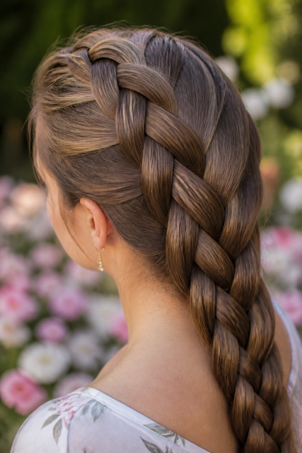 Close-up of a real woman with a wide five-strand braid