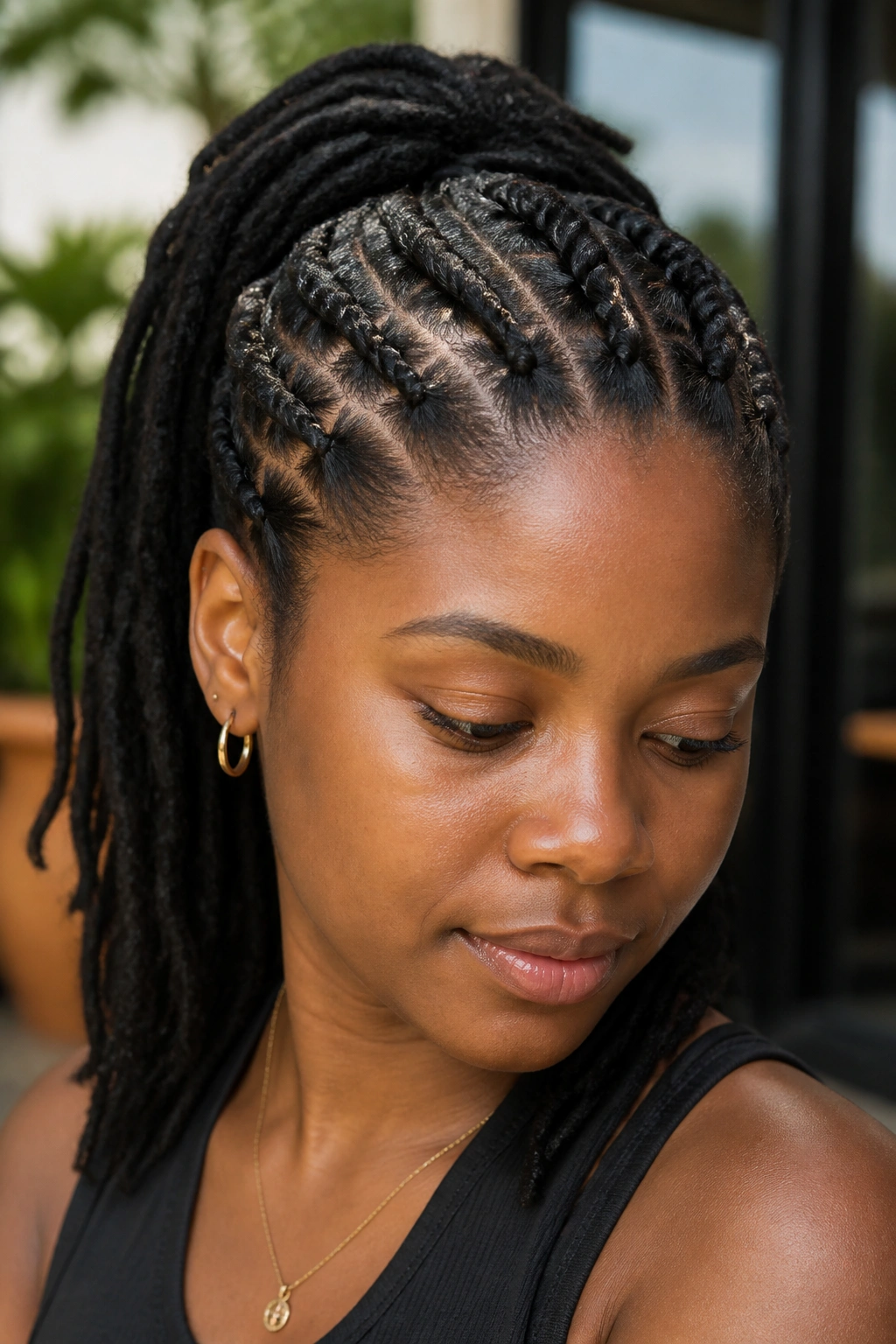 Close-up of a real woman with two-strand flat twists along the hairline
