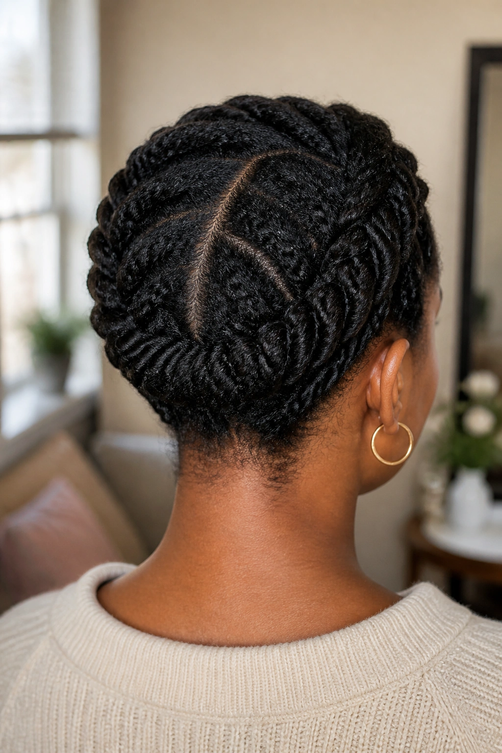 Back view of a real person with flat twists forming a halo around the crown