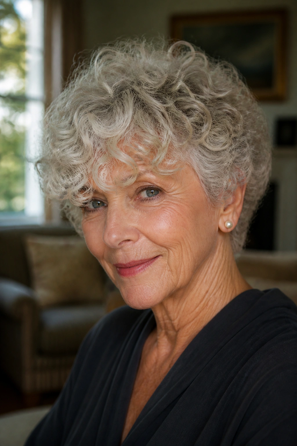 Portrait of an older woman with forward-flow short cut curly fringe in a softly lit living room
