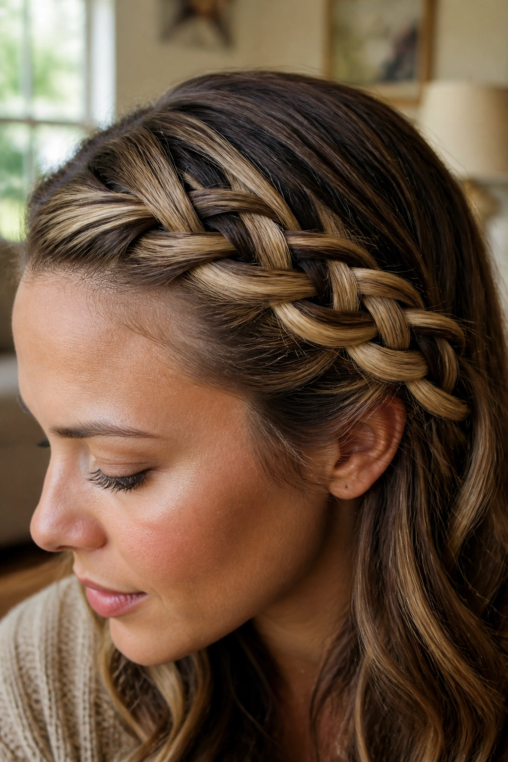 Close-up of a real woman with a wide four-strand braid along the side of the head