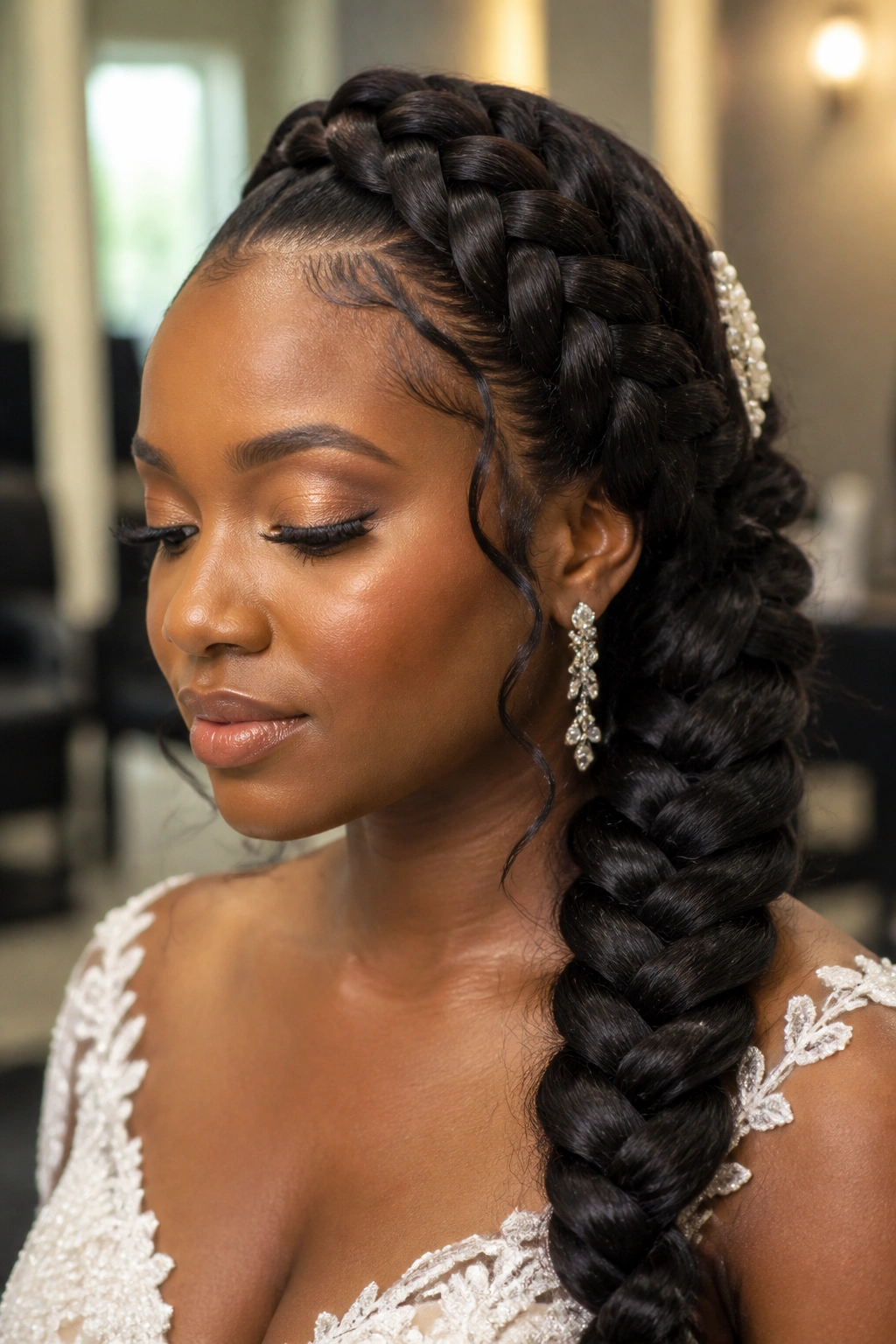 Close-up of a real bride with a thick four-strand fishtail braid