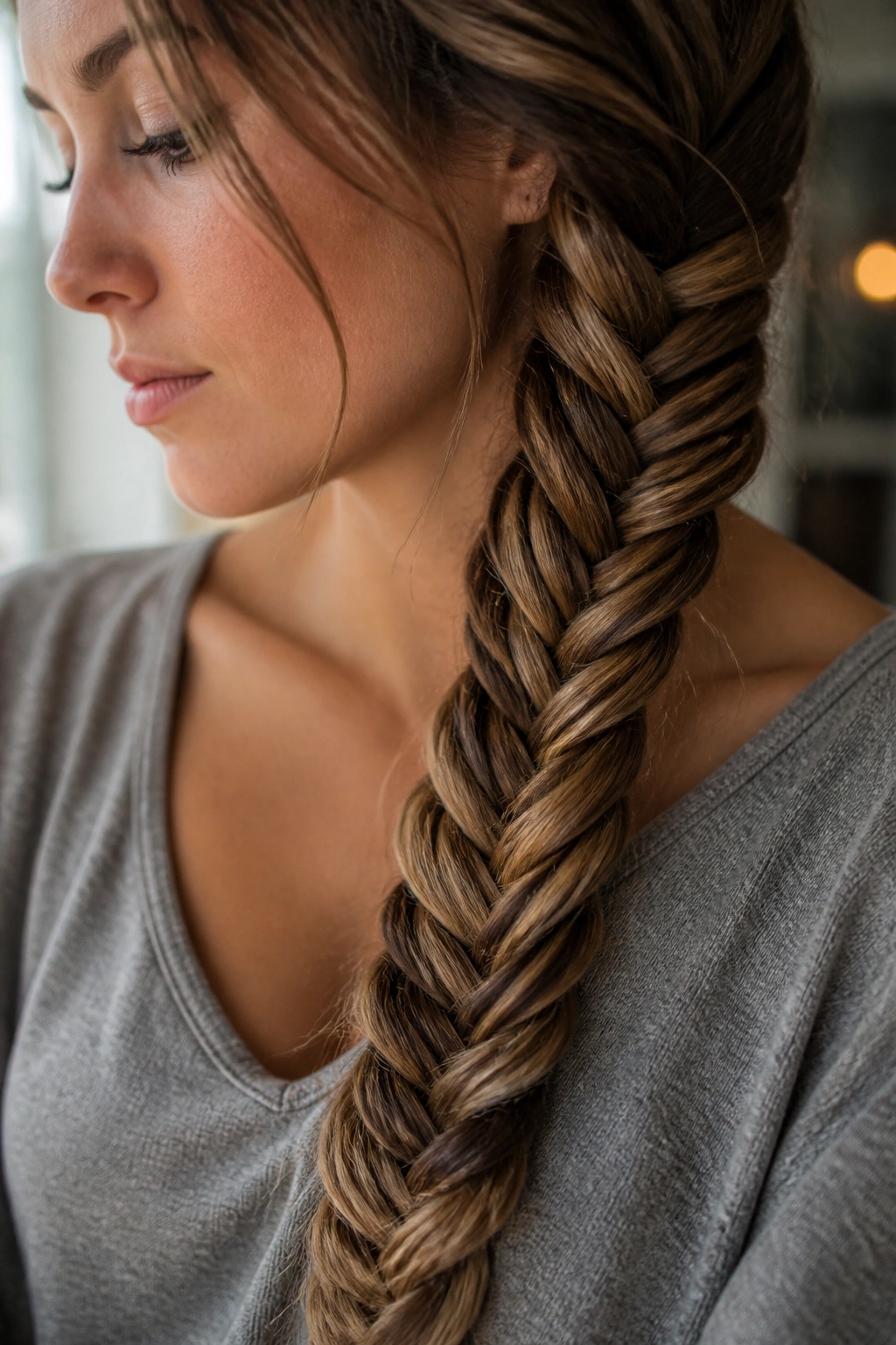 Close-up of a real woman with a four-strand fishtail braid filling the frame.