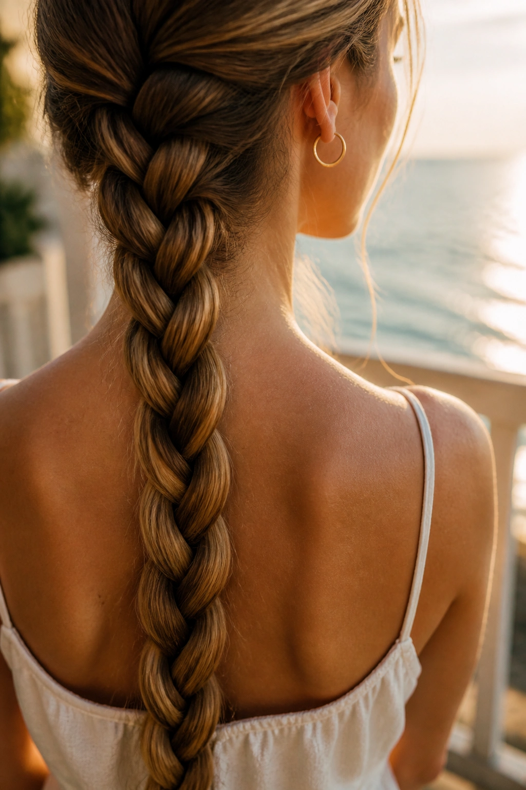 Close-up of a real woman with a four-strand rope braid starting at the nape and winding down thick hair