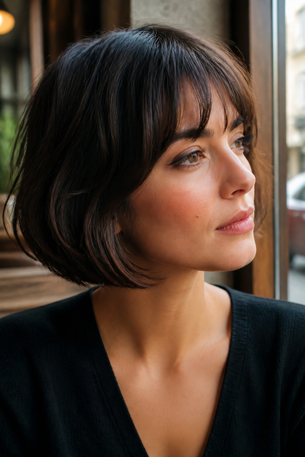 Real woman with French bob and airy fringe, soft movement around the fringe.