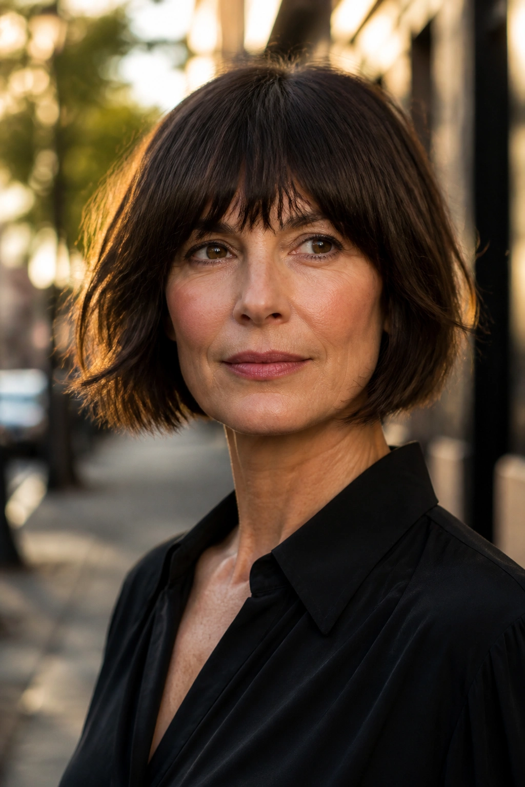 Real woman with a French bob and feathered ends in warm outdoor light