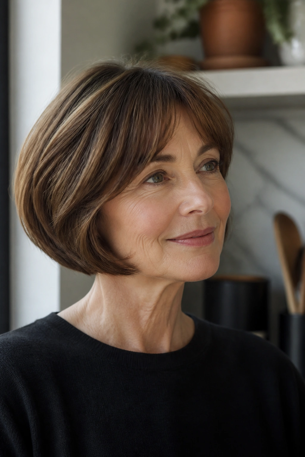 Real woman with French bob and internal layers in morning kitchen light