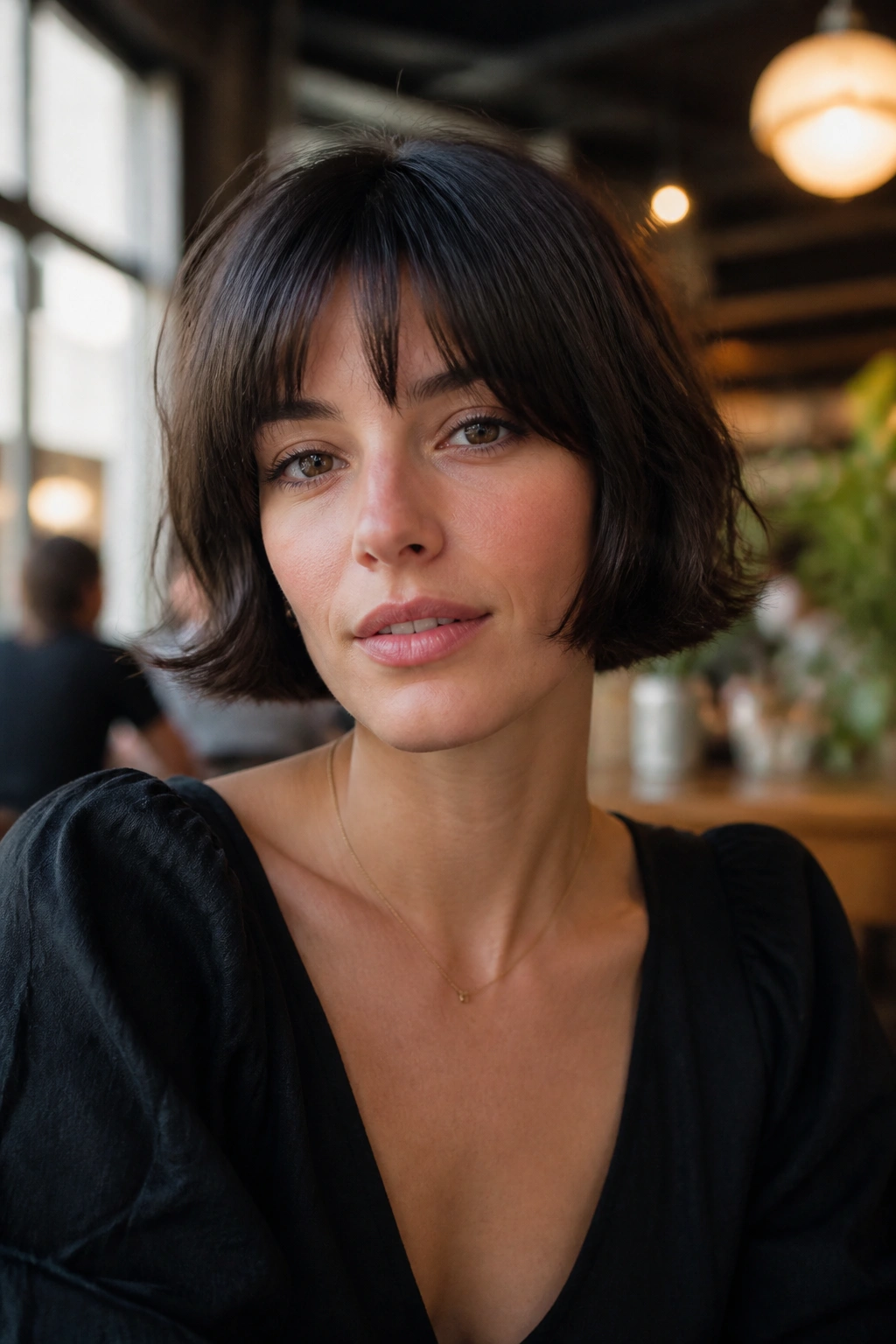 Real woman with French bob hairstyle in cafe setting