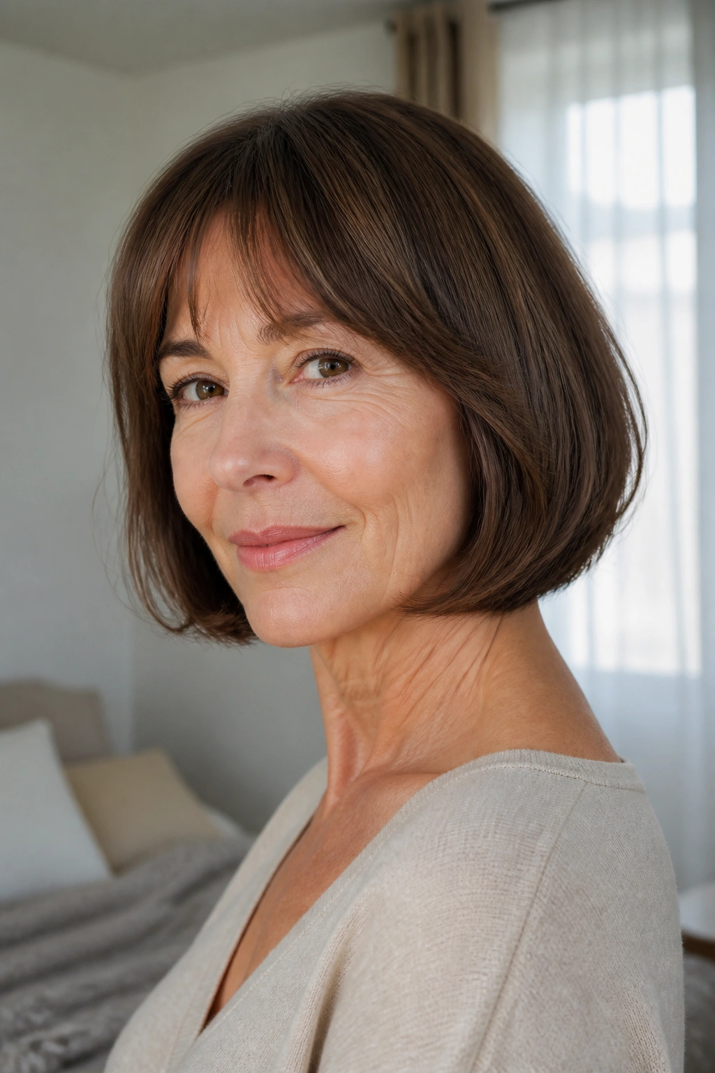 Real woman wearing a French bob with soft bend in daylight