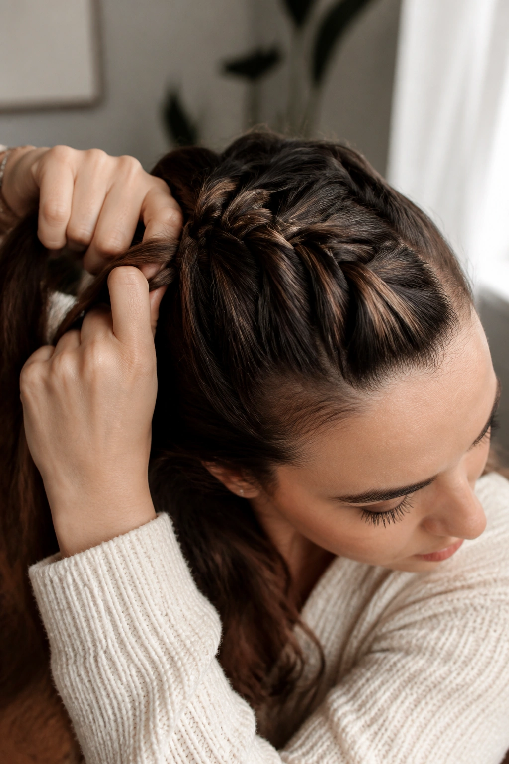 Close-up of a real woman with a French braid near the hairline