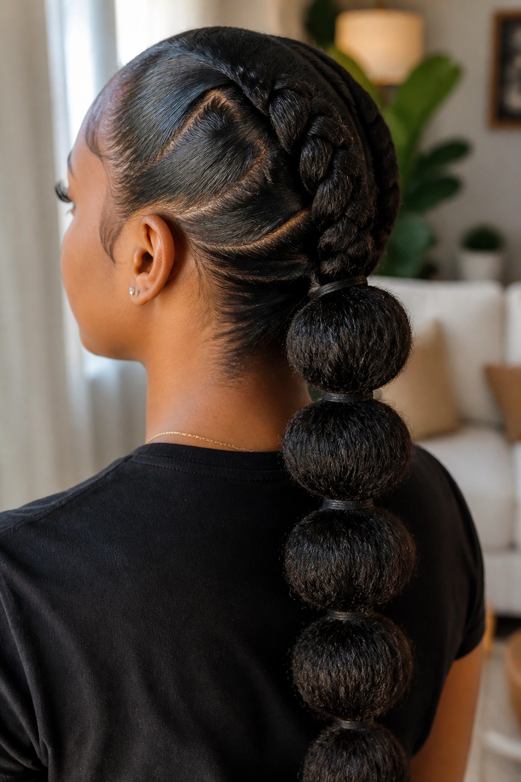 Real person with French braid transitioning into bubble sections at the back