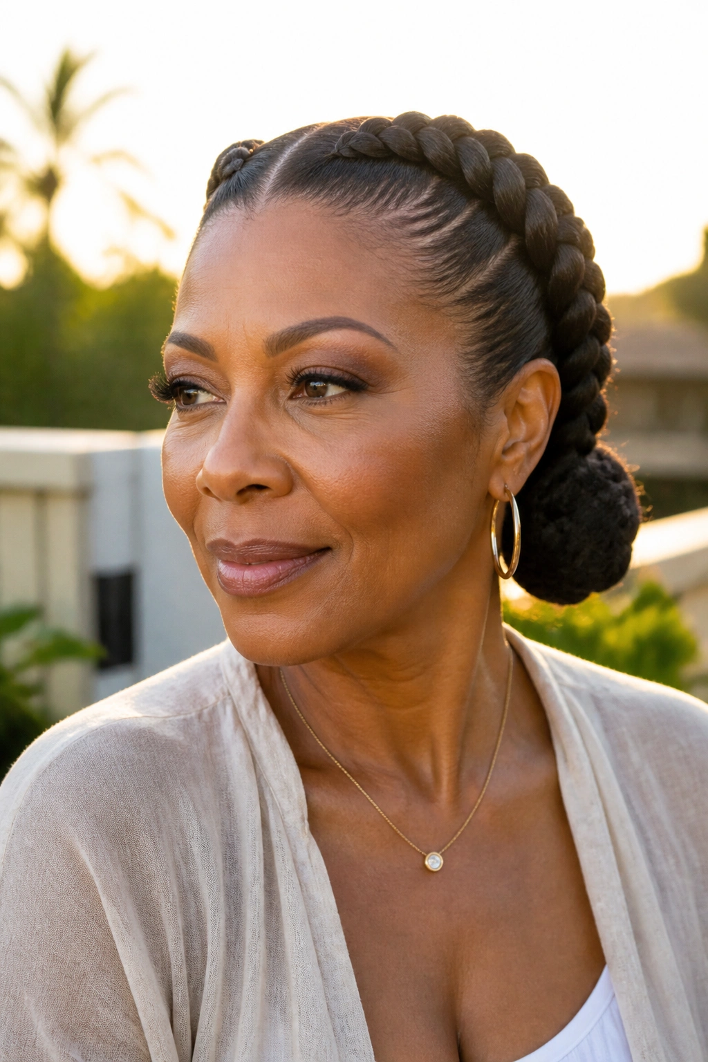 Mature woman with two sleek French braids framing her face