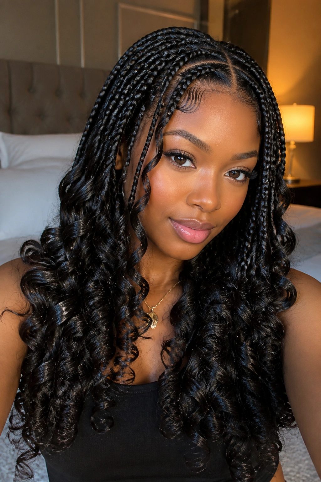 Close-up portrait of a real woman with box braids transitioning to curls.