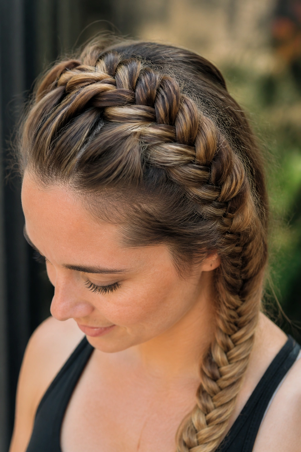 Portrait of a woman wearing a crown-style French fishtail braid