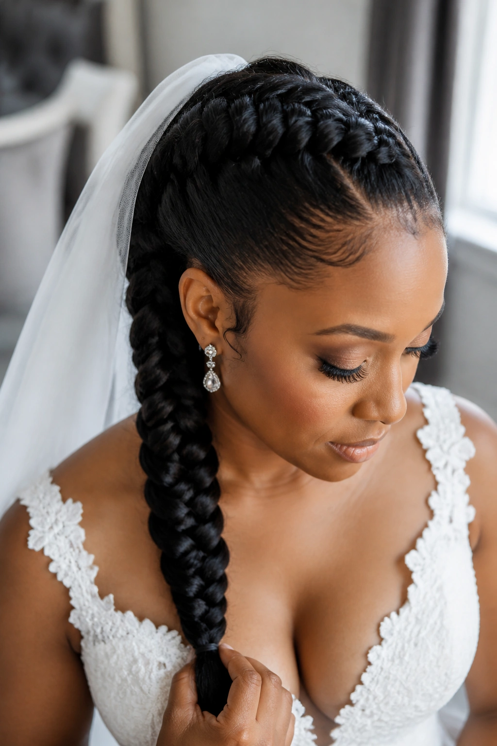 Bride with crown-style French fishtail at crown