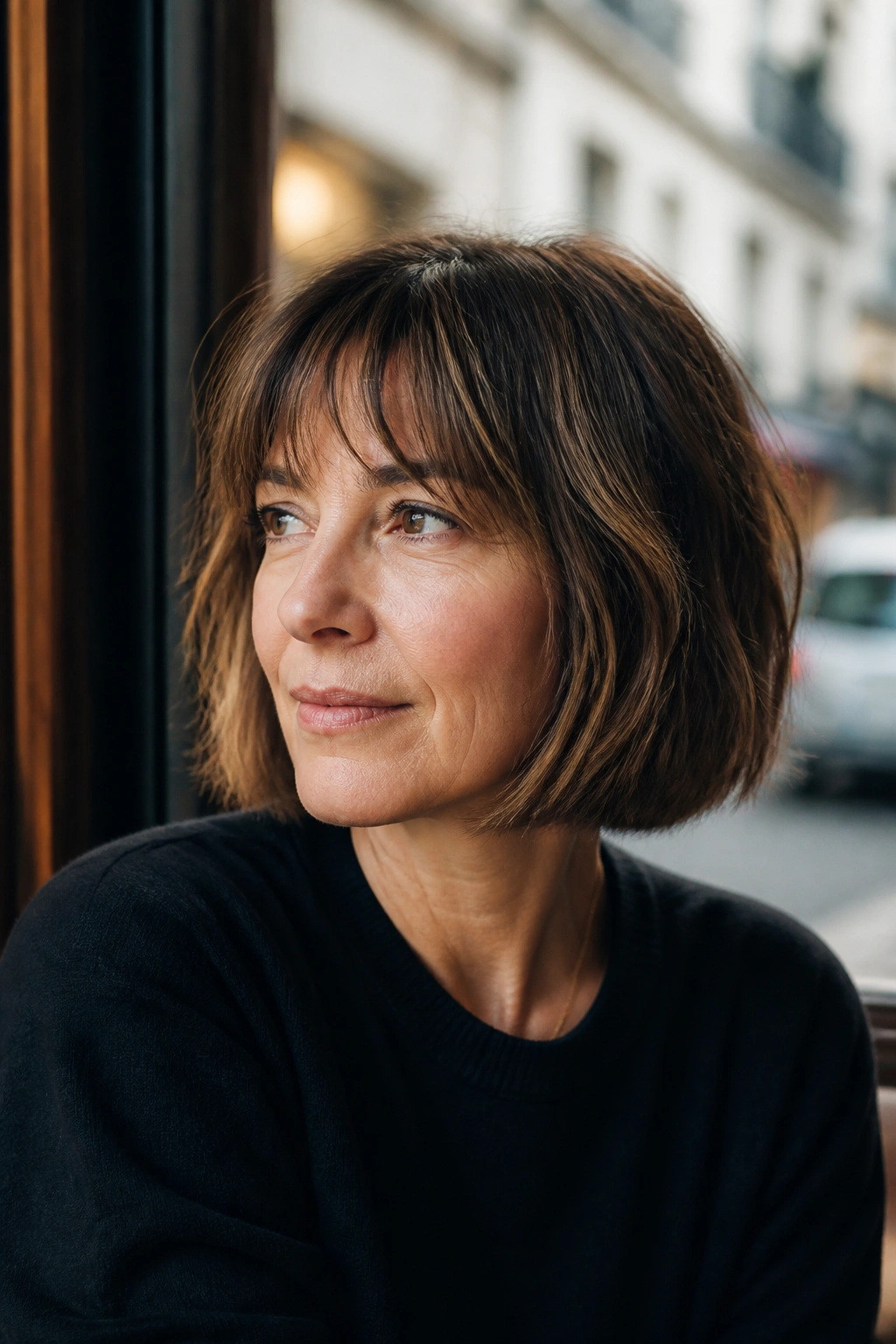 Real woman with chin-length French Girl Bob in a cafe window setting.