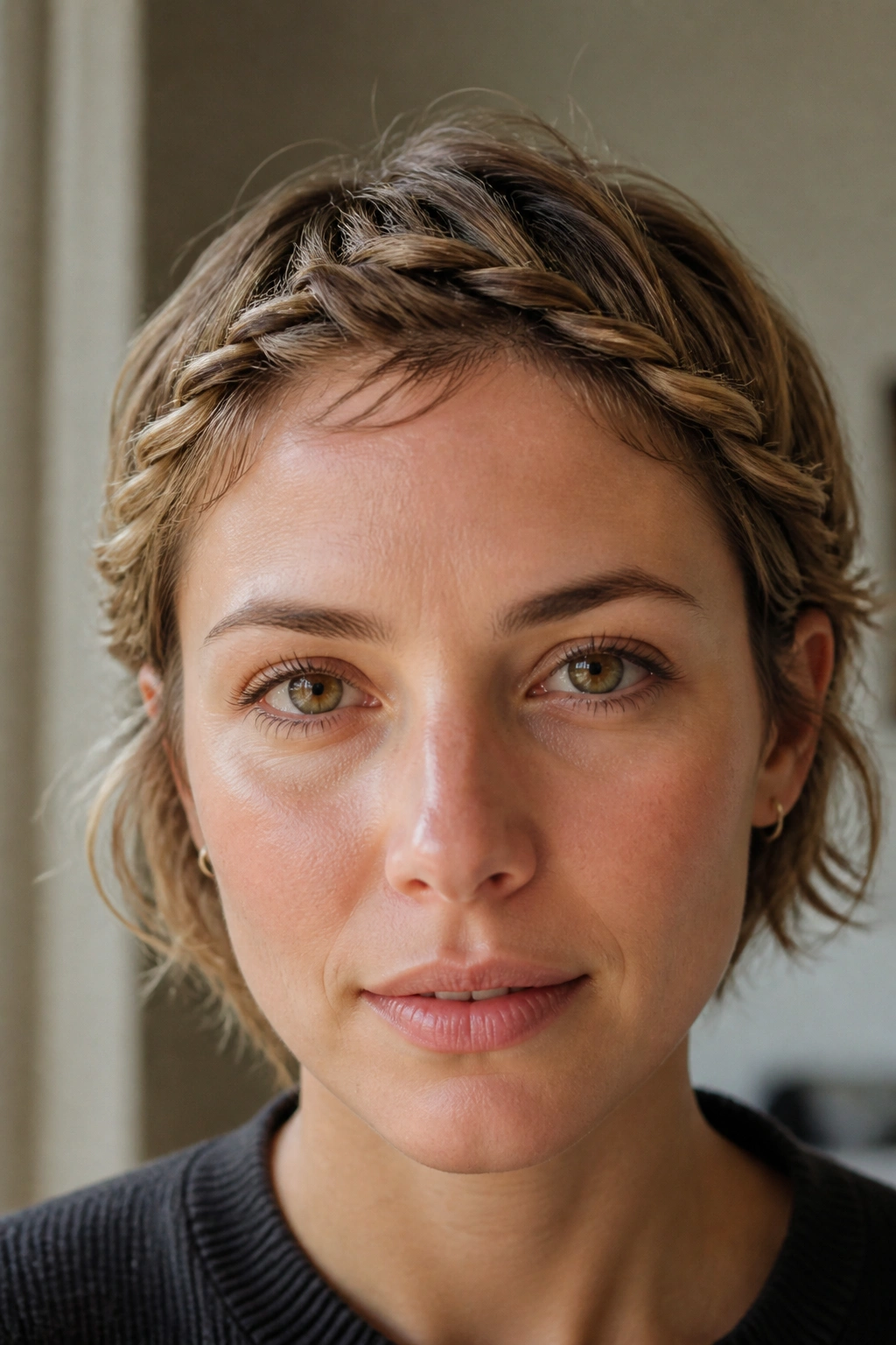 Close-up of fringe-rope twist resting above the ear on a pixie-grow-out